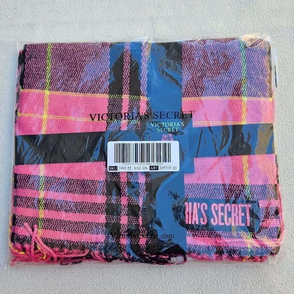 Victoria's Secret Pink Black and Yellow Plaid Fringe Scarf